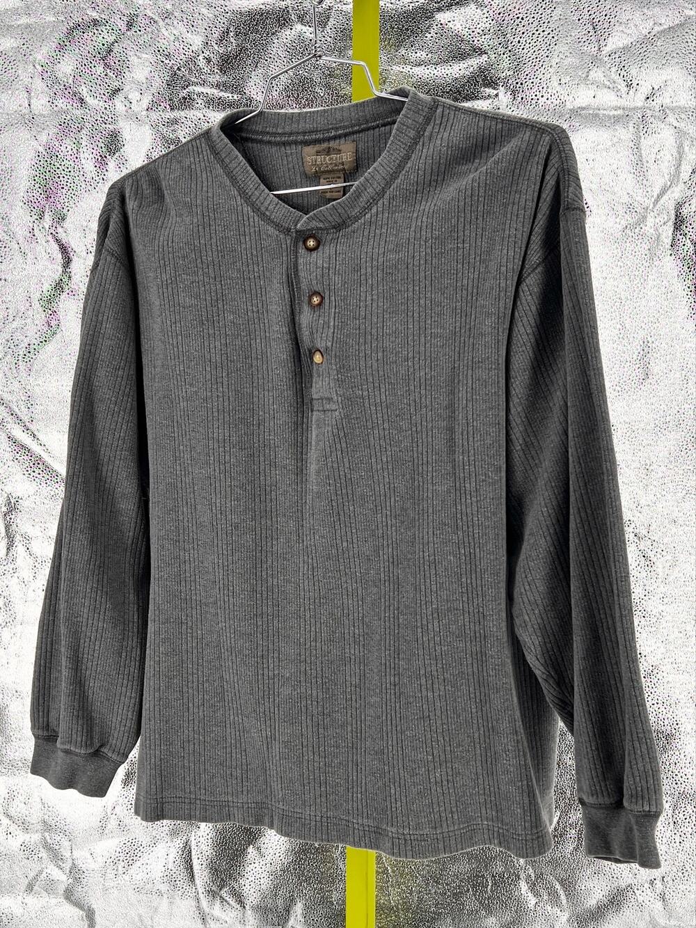 90s Vintage Ribbed Henley Shirt Structure Gray Long Sleeve 1990s Grunge Skater L